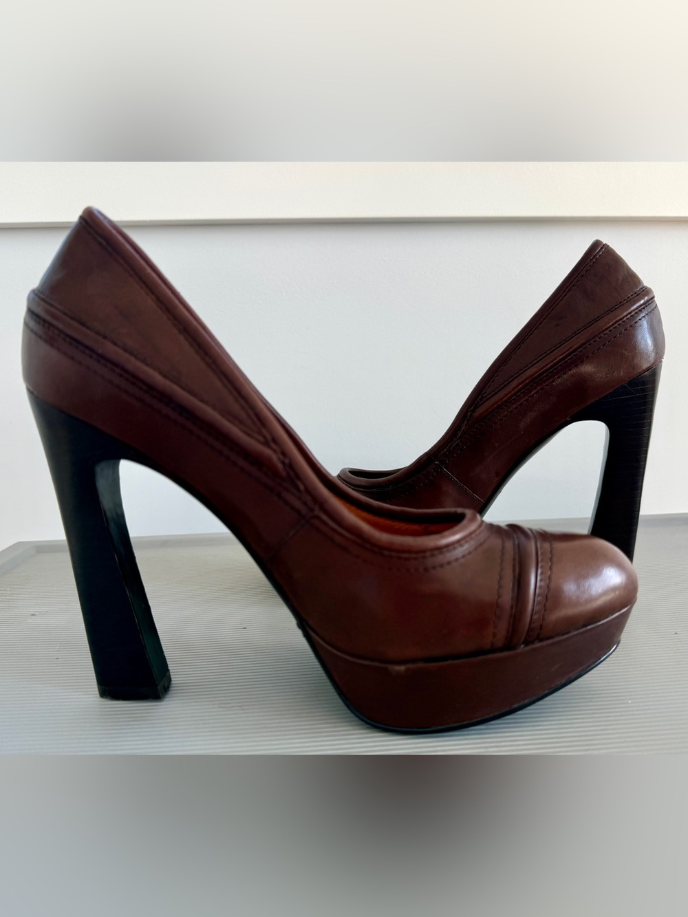 NEW Modern Vintage dark Brown Leather Platform Pumps High heels shoes 37.5 7.5